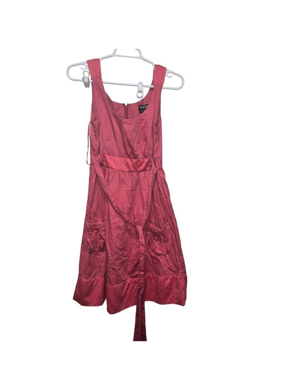 BCBG Paris S Coral Satin Midi Dress Belted Pockets Y2K Cocktail